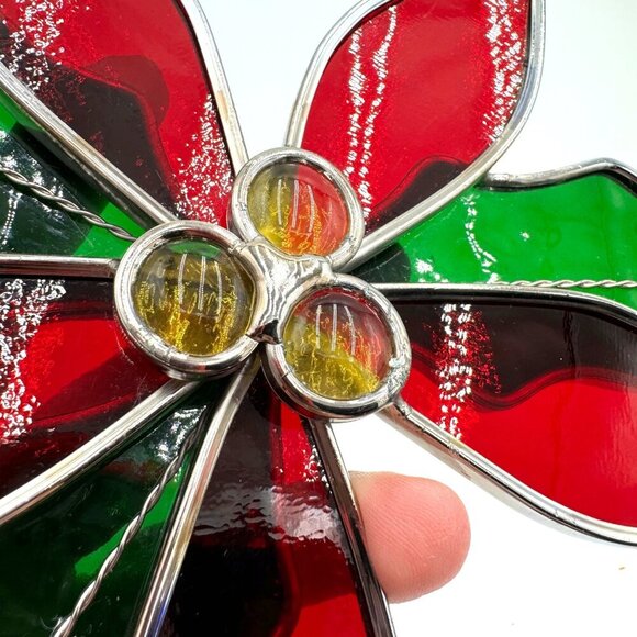 Large Handmade Poinsettia Stained Glass Sun-Catcher Winter Holiday Decor - Picture 7 of 10